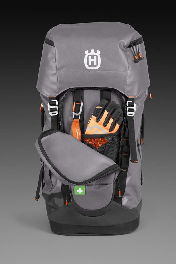 Climbing gear back pack, well-organized layout