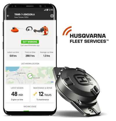 Husqvarna FleetServices, App, Sensor and Logo