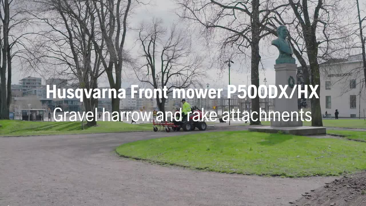 Husqvarna Front mower P500DX Gravel harrow and rake attachments 16x9 ENG master